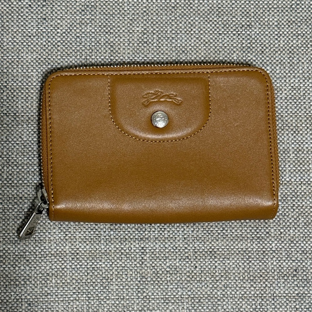 Longchamp Le Pliage Cuir Leather Coin Purse Card Case Zip-Around Wallet